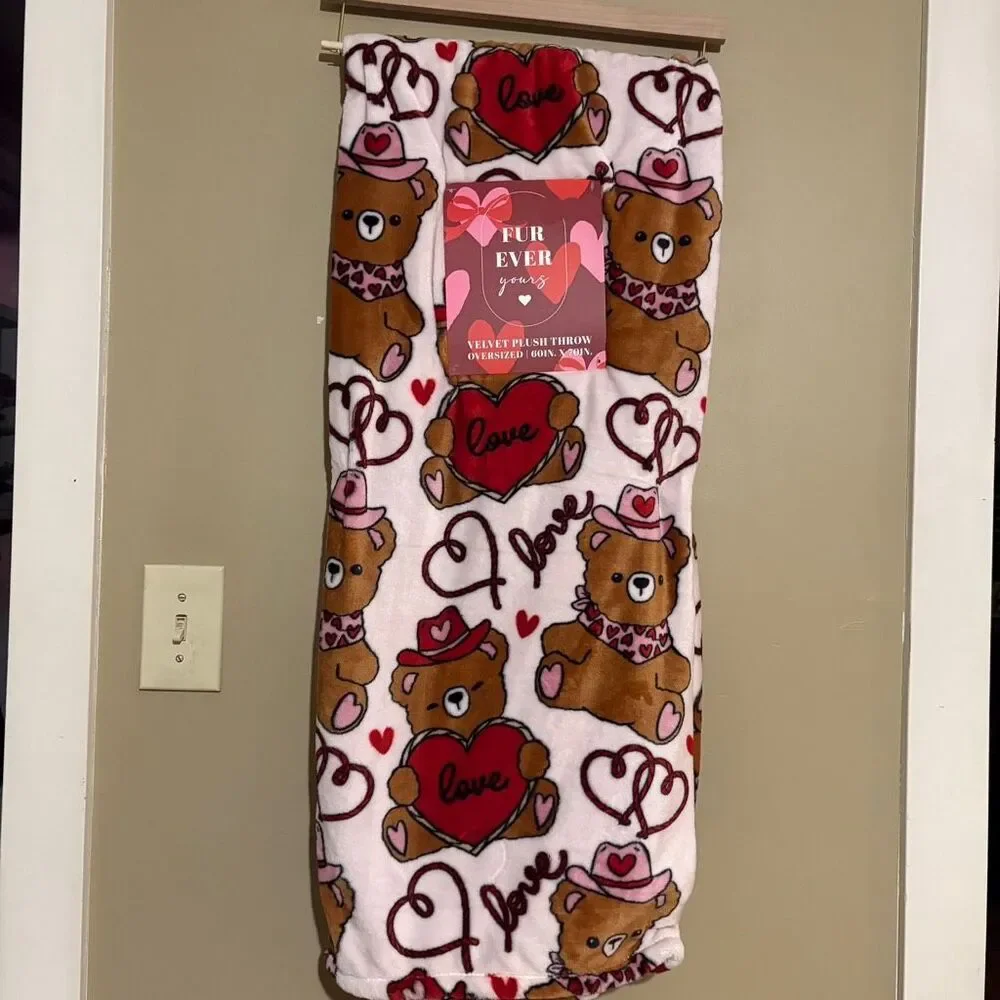 Valentines Day Western Teddy Bear Love Lasso Cowboy Hat Bandana Pink Blanket